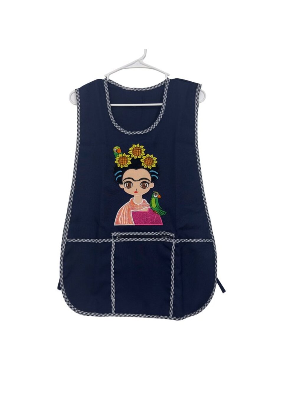 Apron Women One Size Navy Frida-Inspired Print Front Pockets Checkered Trim NWOT